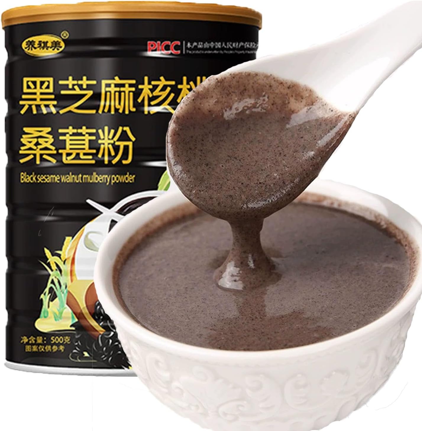 BKSUAIWU Black Sesame Walnut Mulberry Powder,500g/17.63oz,Ground Sesame Seeds,No Sugar,Instant Beverage Cereal Breakfast黑芝麻糊