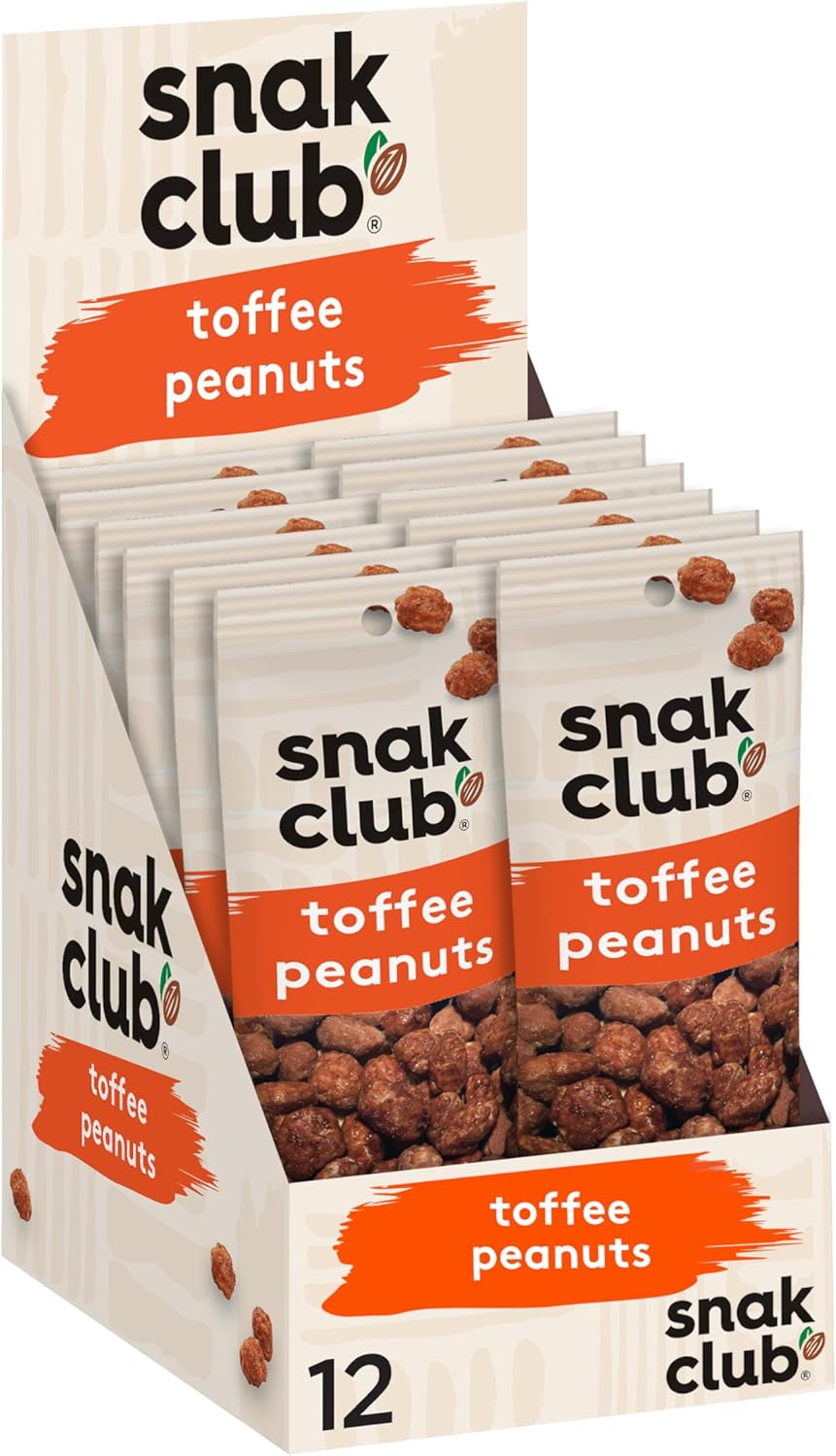 Snak Club Toffee Peanuts, Candied Peanuts with Praline Coat and Sweet Cream, Gluten-Free and Kosher Snack, 2 oz Bags, 12 Pack