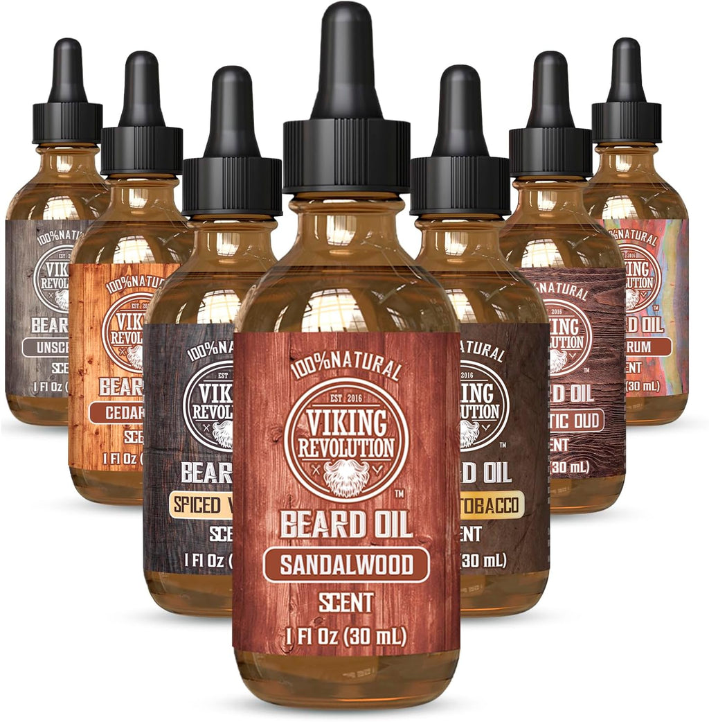 Viking Revolution Beard Oil for Men - Natural Mens Beard Oil with Argan Oil and Jojoba Oil - Beard Softener, Strengthens and Moisturizes - Beard Conditioner for Men (Sandalwood, 1 Pack)