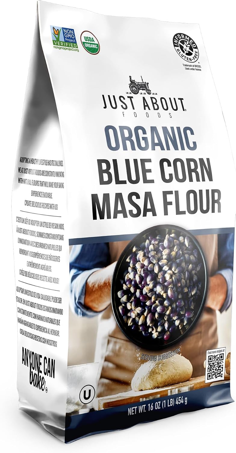 USDA Organic Blue Corn Flour 1lb, Flour for Tortillas, Sopes, and Mexican Dishes, Gluten-Free, Kosher and Vegan, Masa Flour for Baking, Just About Foods