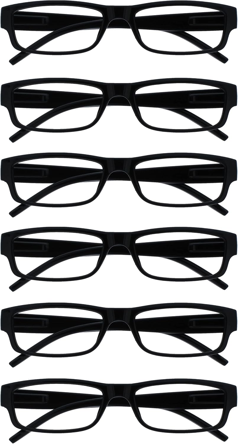 OPULIZE ACE Reading Glasses for Women Men, Lightweight Comfortable Narrow Rectangular Frame with Spring Hinges, Scratch Resistant, Black +3.00 (Pack of 6)