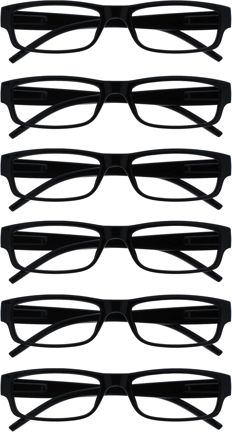 OPULIZE ACE Reading Glasses for Women Men, Lightweight Comfortable Narrow Rectangular Frame with Spring Hinges, Scratch Resistant, Black +1.50 (Pack of 6)