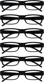 OPULIZE ACE Reading Glasses for Women Men, Lightweight Comfortable Narrow Rectangular Frame with Spring Hinges, Scratch Resistant, Black +2.50 (Pack of 6)