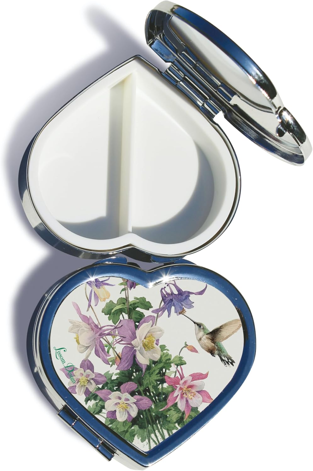 Lissom Design Heart Shaped Pill Boxes - Pretty 2 Compartment Compact Travel Medicine Vitamin or Pill Box Case, 2.5 x 2.38-Inch, Lakeside Breeze