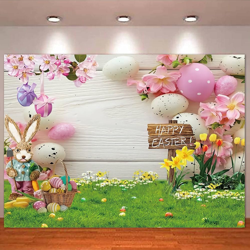 8x6ft Spring Happy Easter Photo Backdrops for Studio Baby Shower Party Portrait Banner Photography Bunny Rabbit Garden Grass Rustic Wood Background Flowers Grass Easter Eggs Props