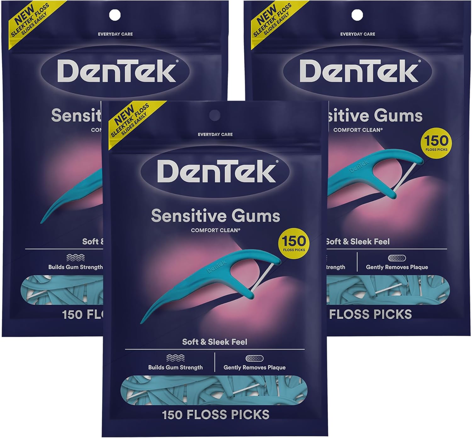 DenTek Comfort Clean Sensitive Gums Floss Picks, Soft & Silky Ribbon, 150 Count, 3 Pack