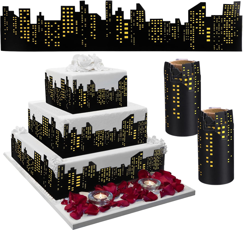 Janlaugh 2 Roll Skyscraper Cake Border Decoration Toppers Stick On or Lay On City Skyline Cake Decor Skyscraper Building Scenic Birthday Accessories for Bday Party Supplies (Skyline, Yellow)