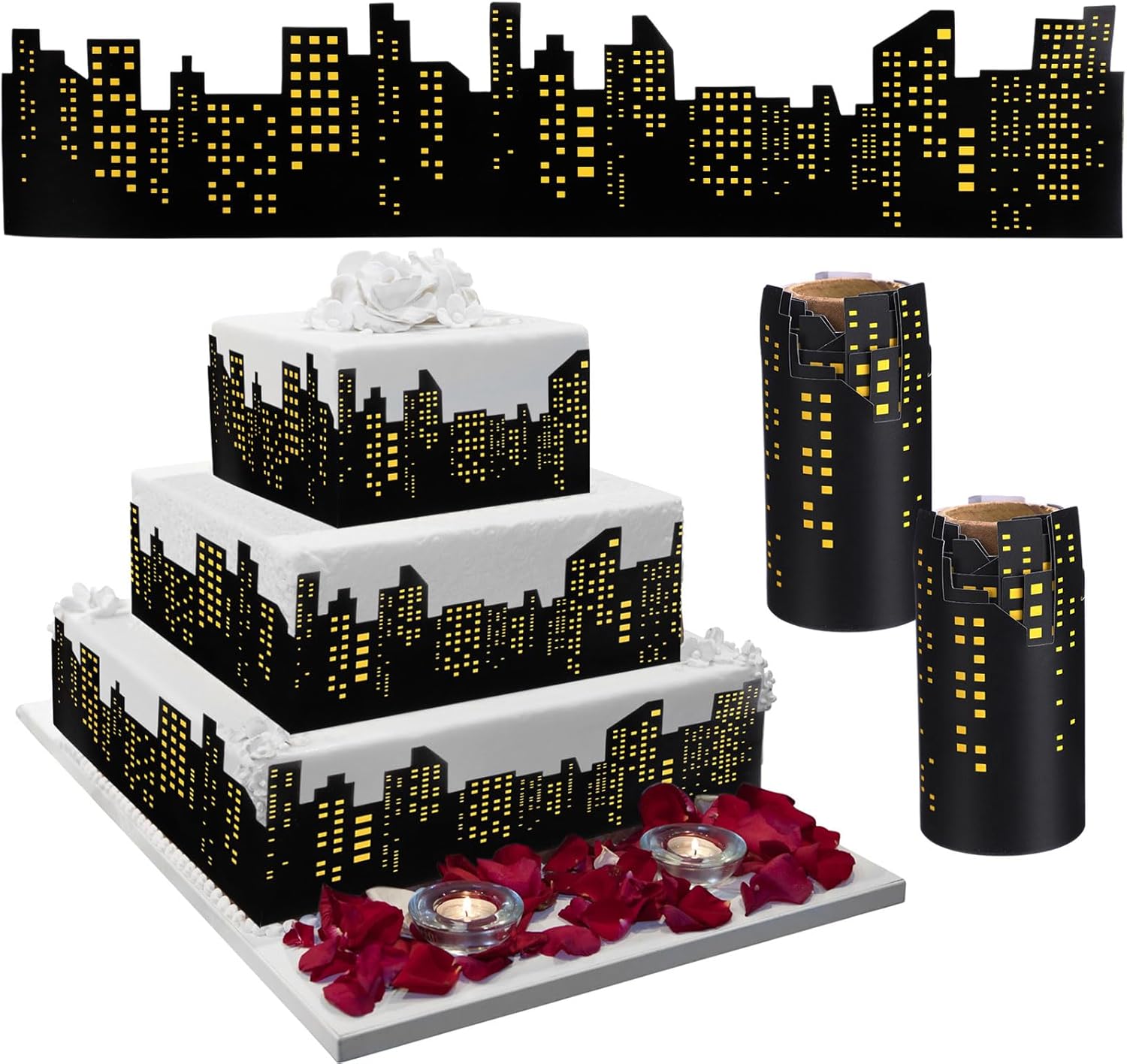 Janlaugh 2 Roll Skyscraper Cake Border Decoration Toppers Stick On or Lay On City Skyline Cake Decor Skyscraper Building Scenic Birthday Accessories for Bday Party Supplies (Skyline, Yellow)