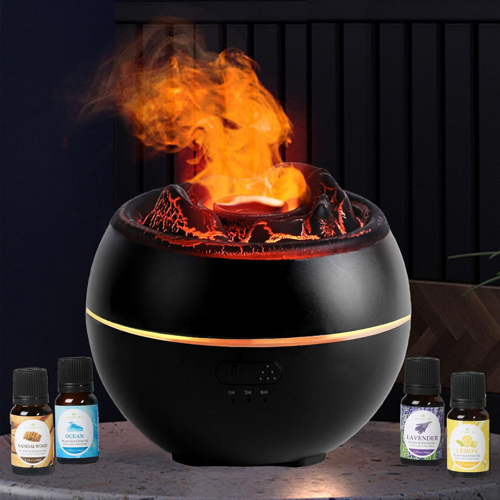 Volcano Essential Oil Diffuser, Volcano Flame Aromatherapy Diffuser, 7 Colors Fire Light & 4 Essential Oils, 360ml Auto-Off Cool Mist Ultrasonic Humidifier/Diffuser for Home Party Holiday
