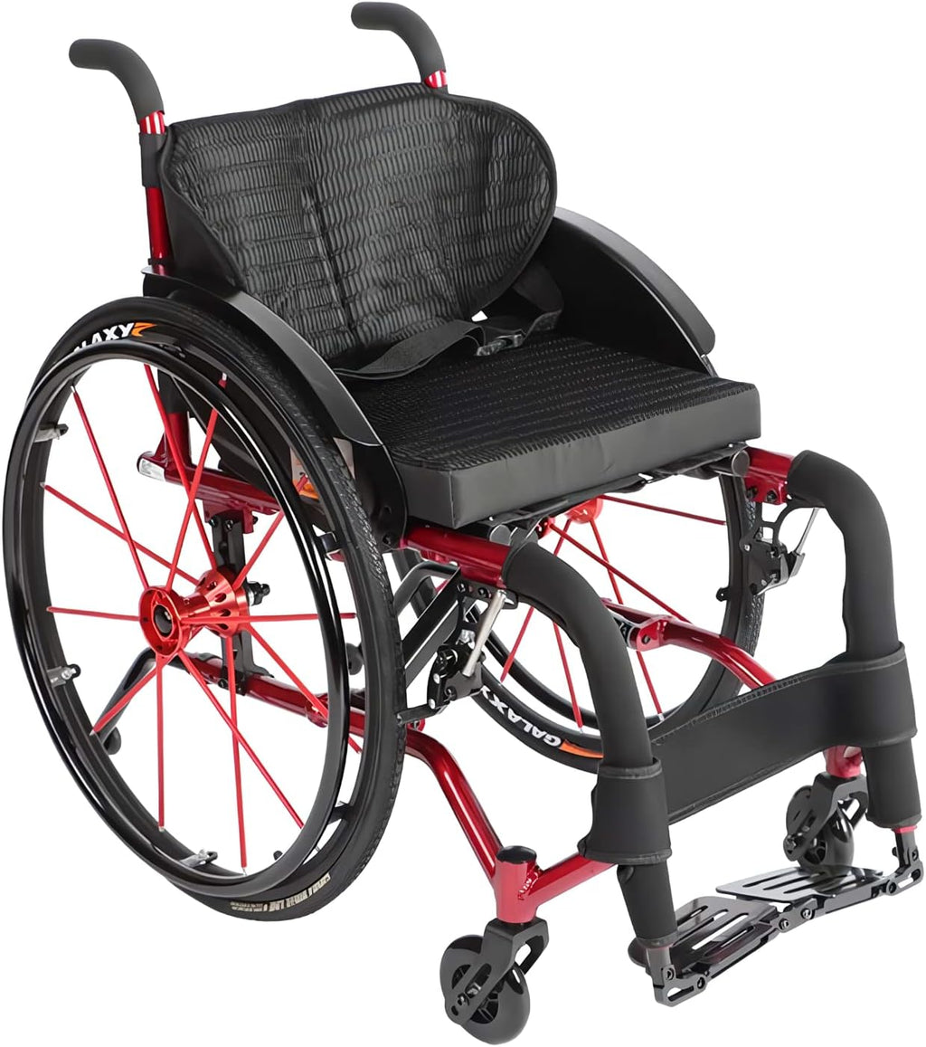 Manual Wheelchair for Adult, Ultra-Light Aluminum Alloy Transport Wheelchairs with Anti-Tipper, Portable All-Terrain Sports Leisure Wheelchair Folding Self-Propelled Manual Wheelchair for Disabled,Red