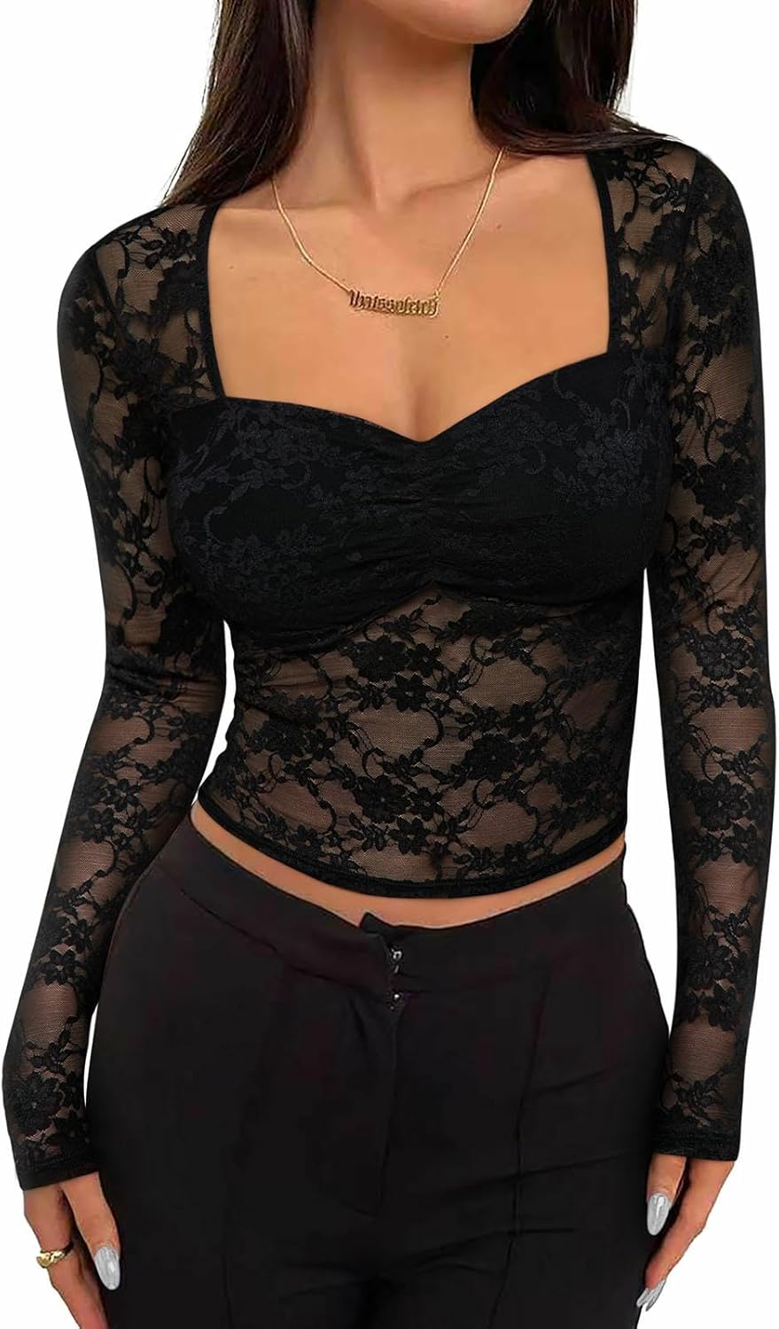 REORIA Womens Sexy Sheer Mesh Tops Floral Lace Long Sleeve Shirts Low Cut Slim Fitted Outfits See Through Going Out Blouses