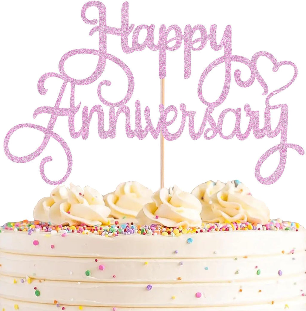 Happy Anniversary Cake Topper - Pink Glitter Cake Decorations Supplies - Birthday Cake Bunting Decor, for Photo Booth Props