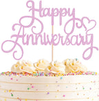 Happy Anniversary Cake Topper - Pink Glitter Cake Decorations Supplies - Birthday Cake Bunting Decor, for Photo Booth Props