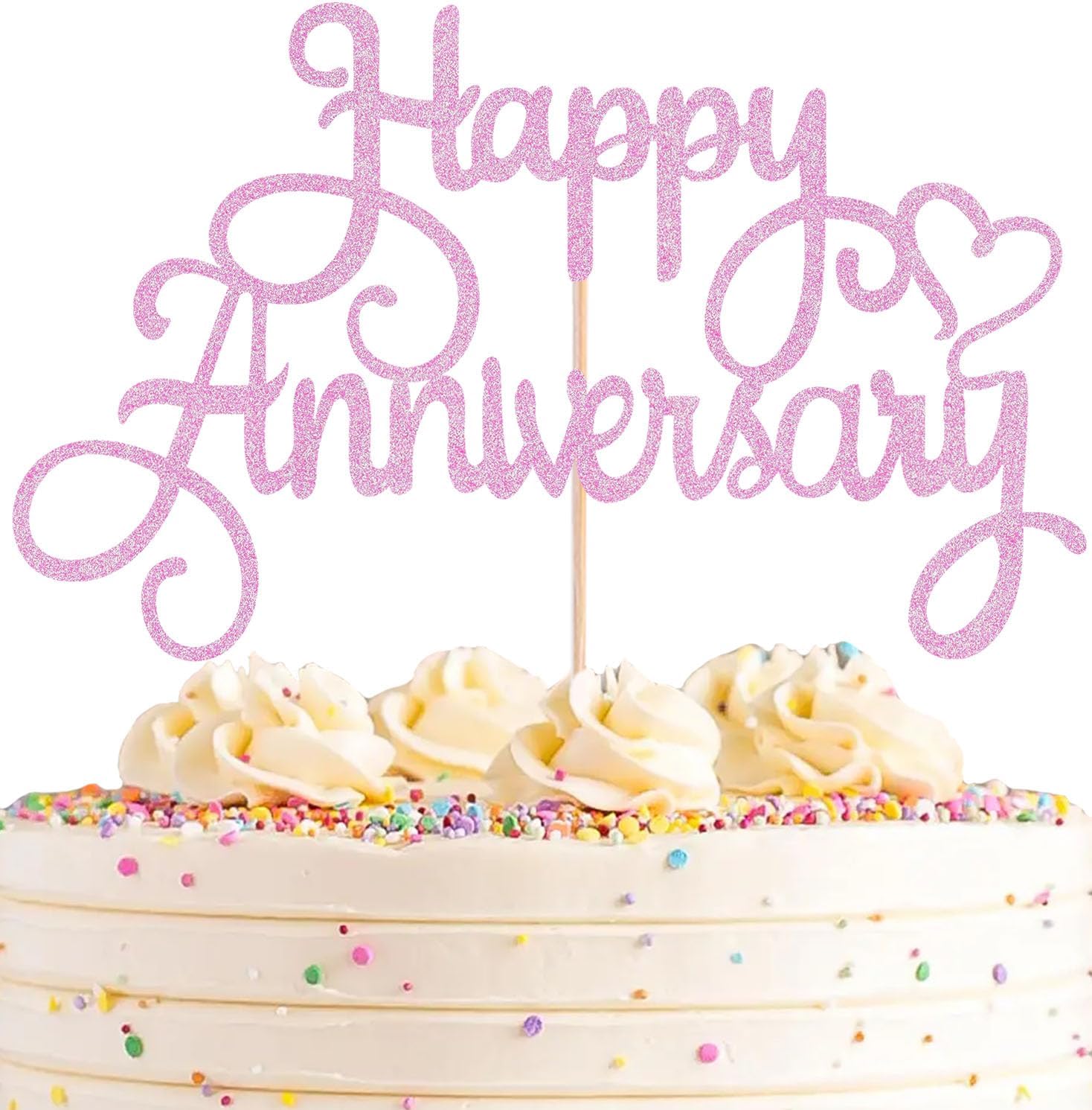 Happy Anniversary Cake Topper - Pink Glitter Cake Decorations Supplies - Birthday Cake Bunting Decor, for Photo Booth Props