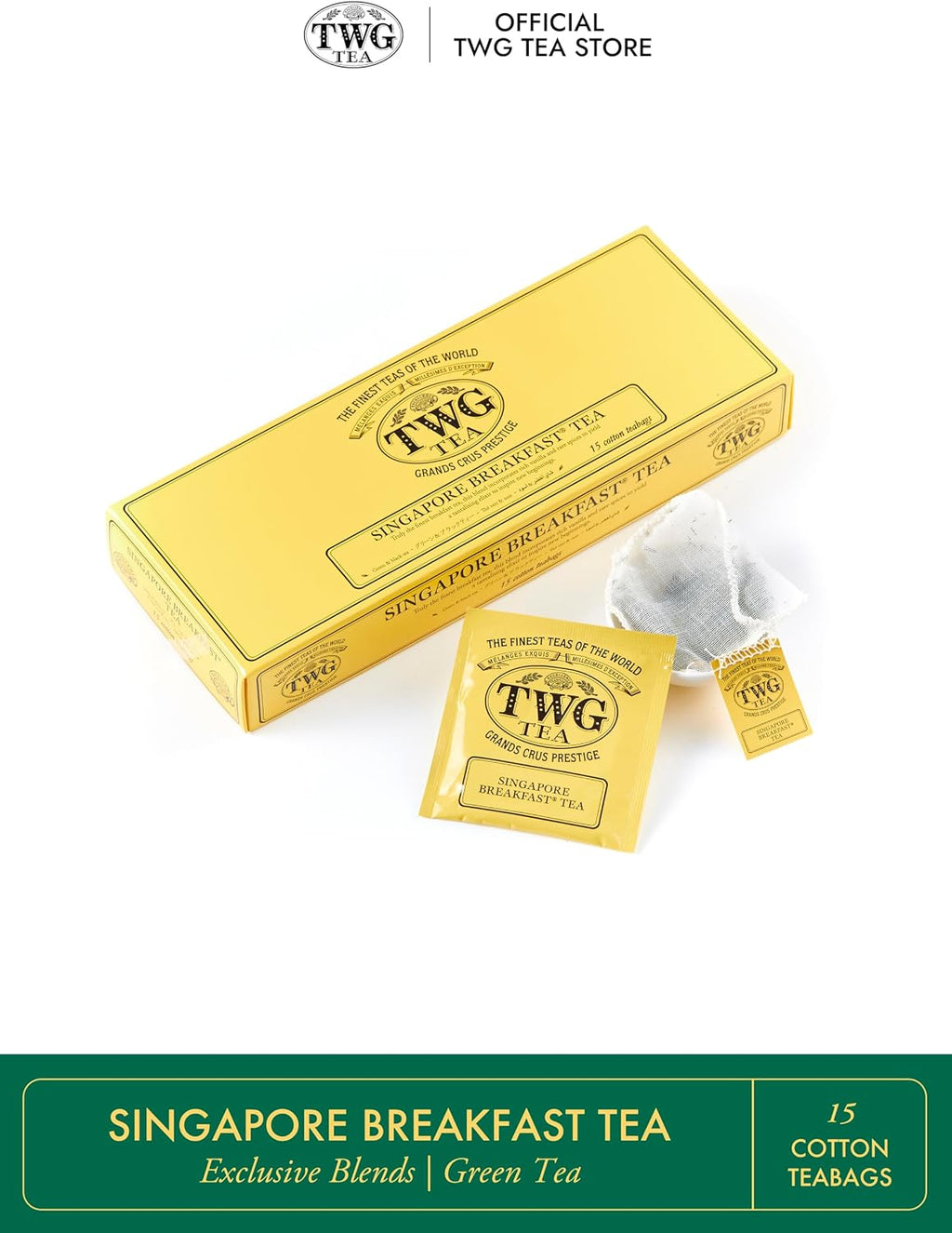 TWG Tea | Singapore Breakfast Tea | Black Tea & Green Tea | Vanilla & Spices | 15 Hand Sewn Cotton Tea Bags| Gift Set