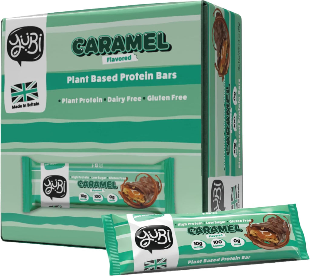 YuBi Bars - Caramel Protein Bars - 100 Calories, 10g of Protein, 0g of Sugar, Low Carb, Palm Oil Free/Non-GMO, Gluten Free, Dairy Free, Healthy Snack, Non-GMO - 14.8oz (12 Pack, Caramel)