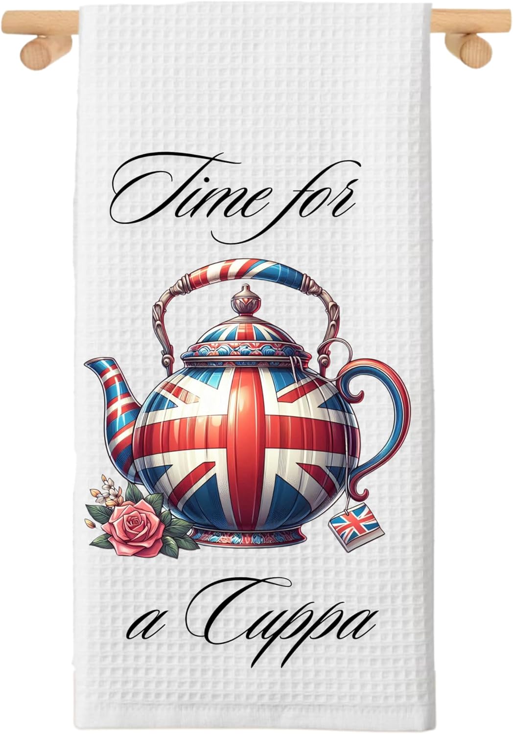 Union Jack Teapot British Tea Towel, Union Jack Time for a Cuppa Towel, British Kettle Dish Towel, British Cup of Tea, Microfiber Waffle