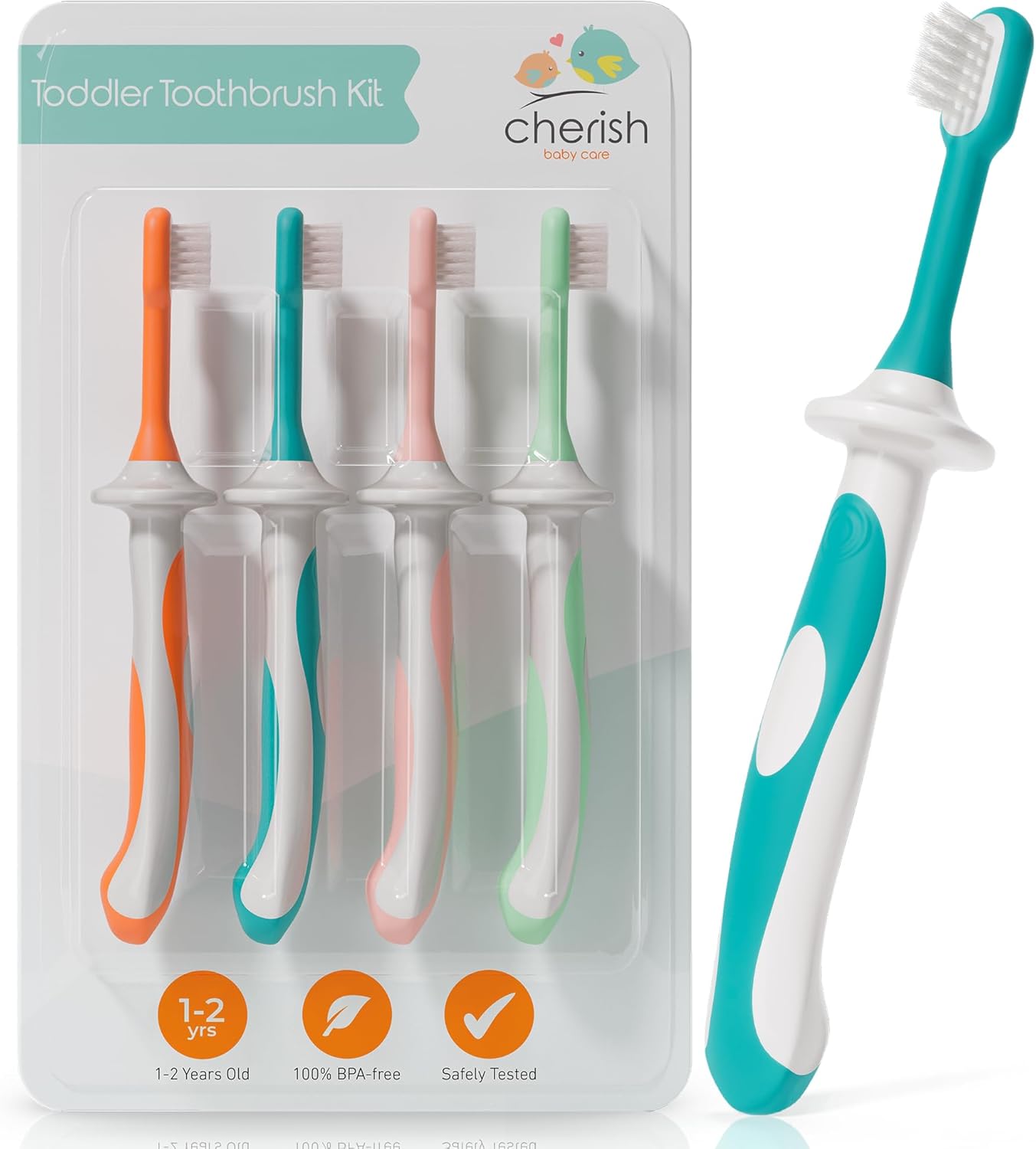Cherish Baby Care Toddler Toothbrushes 1-2 Years (4-Pack) - BPA-Free & Safety-Tested Kids Toothbrush Kit, Designed by a Pediatric Dentist, Soft-Grip Toothbrush for Kids, My First Toothbrush Set