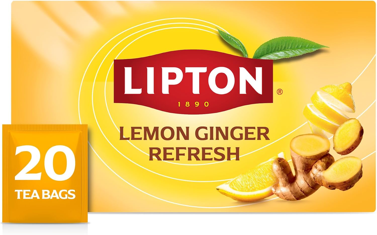 Lipton Lemon Ginger Tea Bags, caffeine free Tea, Refresh Fruit and Herbal Tea, Individually Wrapped, 20 Tea Bags