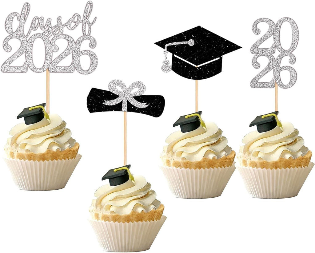 24Pcs Class of 2026 Graduation Cupcake Toppers, Glitter Black & Gold Grad Cap Diploma Cake Decorations, 4 Styles Graduation Cake Picks for 2026 Graduation Party Supplies(Silver)