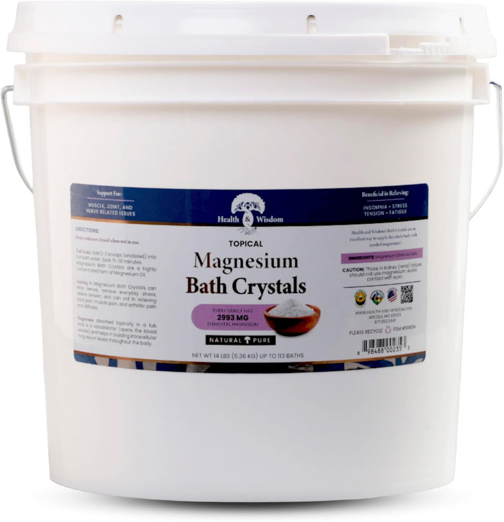 Health and Wisdom Magnesium Bath Crystals - Bath Salts with High Concentration & Enhanced Absorption for Muscle & Joint Relief - Dead Sea Sourced - Unscented - 14 lbs - Up to 113 Uses
