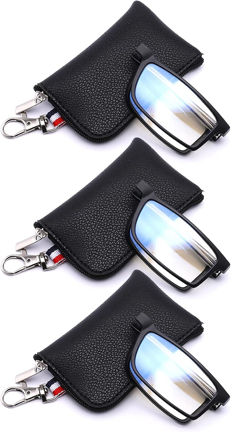 GOOSEN Reading Glasses for Women Men, Keychain Bags Compact Folding Readers, Clear Lens Blue light Glasses Spring Hinge