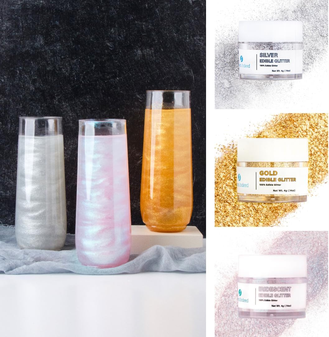 Sweets Indeed Edible Glitter, Perfect for Drinks, Cocktails, Beverages & Cake Decorating, Dessert Cake Topper, 4 grams, 3 Pack, New Years