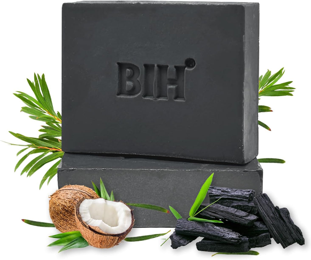 BIH Activated Charcoal Soap, 2 Pack Cold Process Black Soap Bar with Tea Tree Essential Oil, Gentle Detoxifying, Soothing Skin, Removes Excess Oil & Odor Control – Gifts for Men & Women (3.5oz Each)