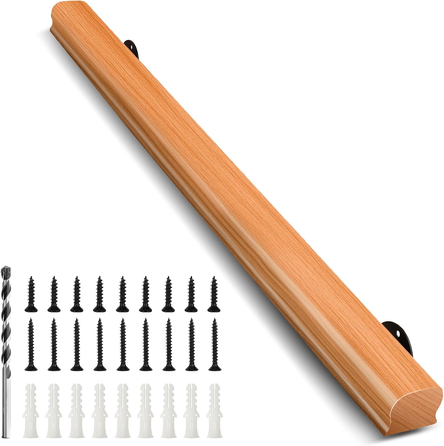 4FT Solid Wood Stair Handrail for Indoor Stairs, Outdoors Stair Railings, Sturdy Wall Mounted Non-Slip Safety Design, Elderly-Friendly & Child-Safe, with Banister Hardware and Brackets