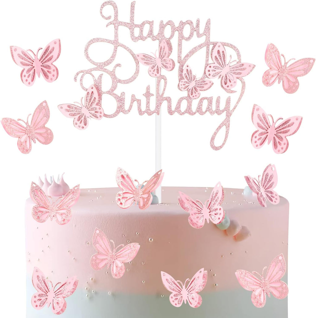 13pcs Butterfly Happy Birthday Cake Toppers, Pink Glitter Butterfly Theme Cake Cupcake Toppers for Girls Women Birthday Decorations