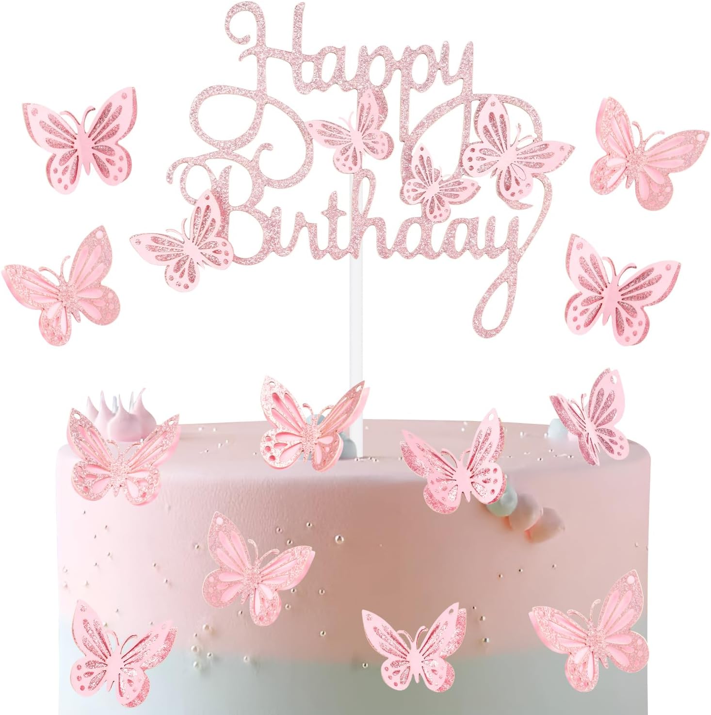 13pcs Butterfly Happy Birthday Cake Toppers, Pink Glitter Butterfly Theme Cake Cupcake Toppers for Girls Women Birthday Decorations