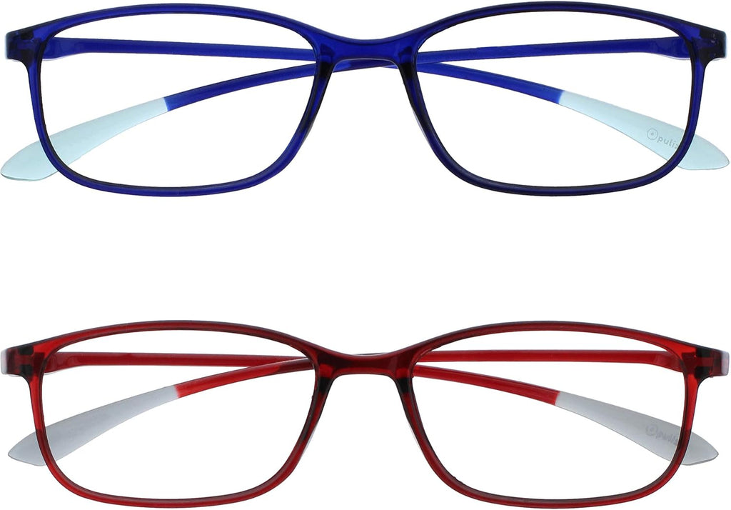 OPULIZE ICE Reading glasses for Women Men,Scratch Resistant Rectangular frame with Spring Hinges, Crystal Dark Blue,Crystal Dark Red +1 (Pack of 2)