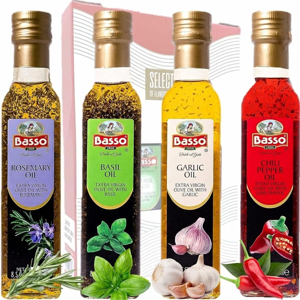 BASSO 1904 - Infused Extra Virgin Olive Oil Gift Box Set, First Cold Pressed, Variety Pack, 4 bottles x 8.5 fl.oz (250ml), Naturally Infused for Dipping & Tasting