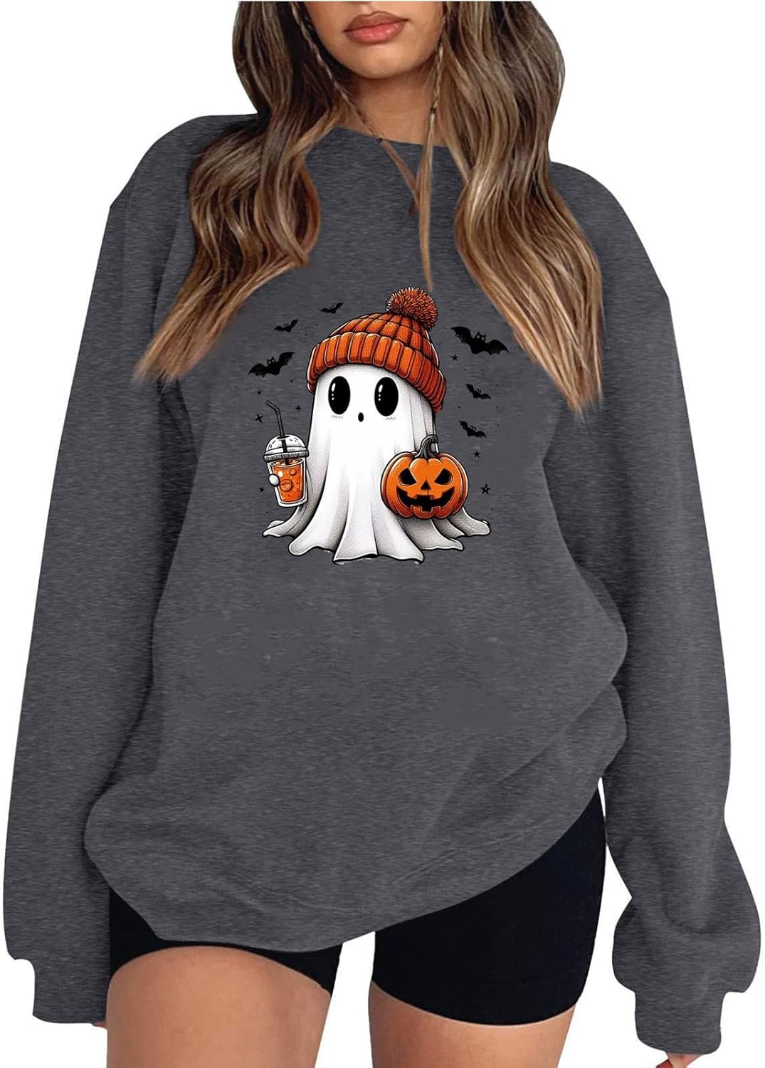 Women's Halloween Sweatshirt Cute Ghost Graphic Pullover Tops Funny Novelty Pumpkin Print Crewneck Sweatshirts