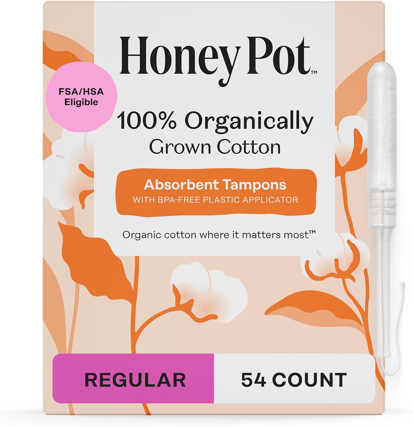 The Honey Pot Company - Regular Absorbency - 100% Organic Cotton Core Tampons w/Bio Plastic Applicator - Feminine Care – Unscented - 54 Count (3 Packs of 18)