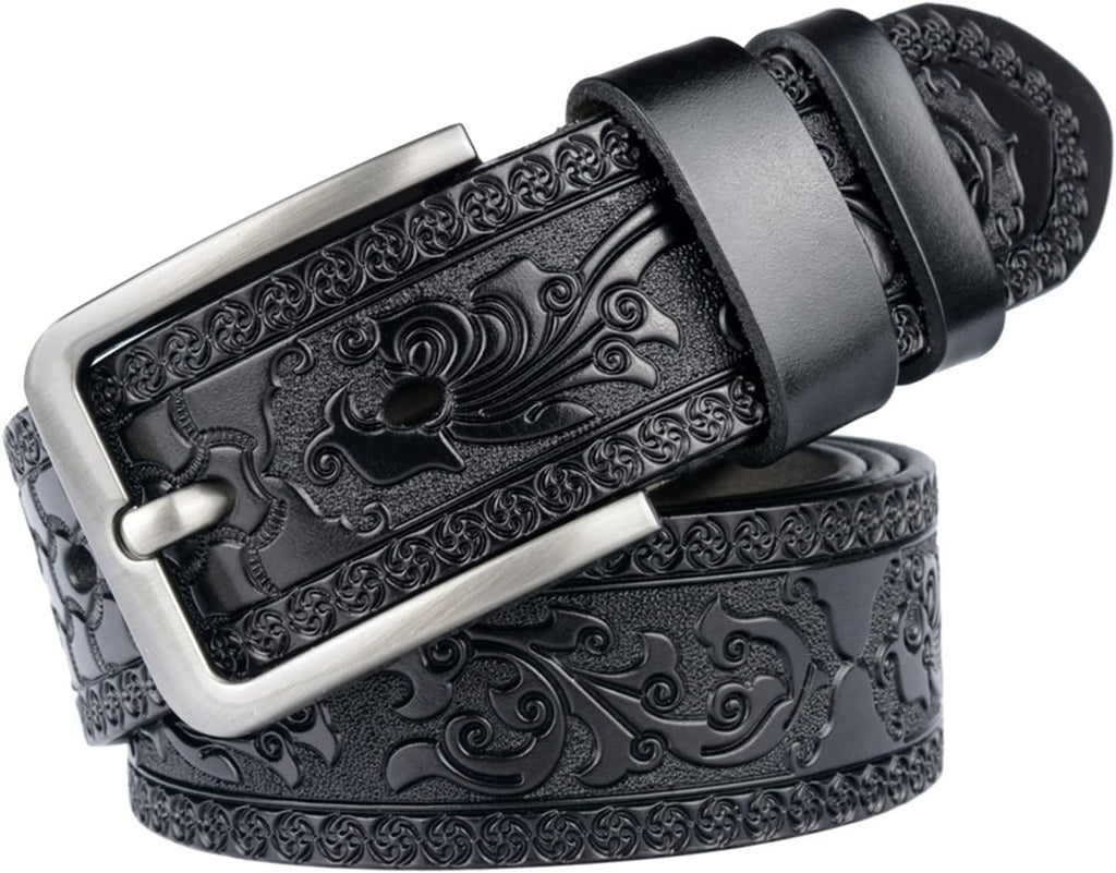 Men's Leather Ratchet Embossed Belt Adjustable Western Cowboy Waist Strap Leather Belt,Black,125cm/waist:38"~41"