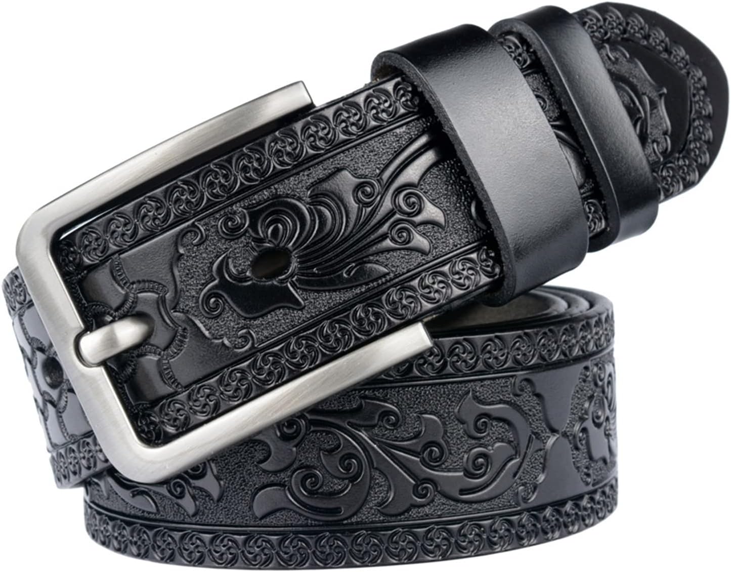 Men's Leather Ratchet Embossed Belt Adjustable Western Cowboy Waist Strap Leather Belt,Black,125cm/waist:38"~41"