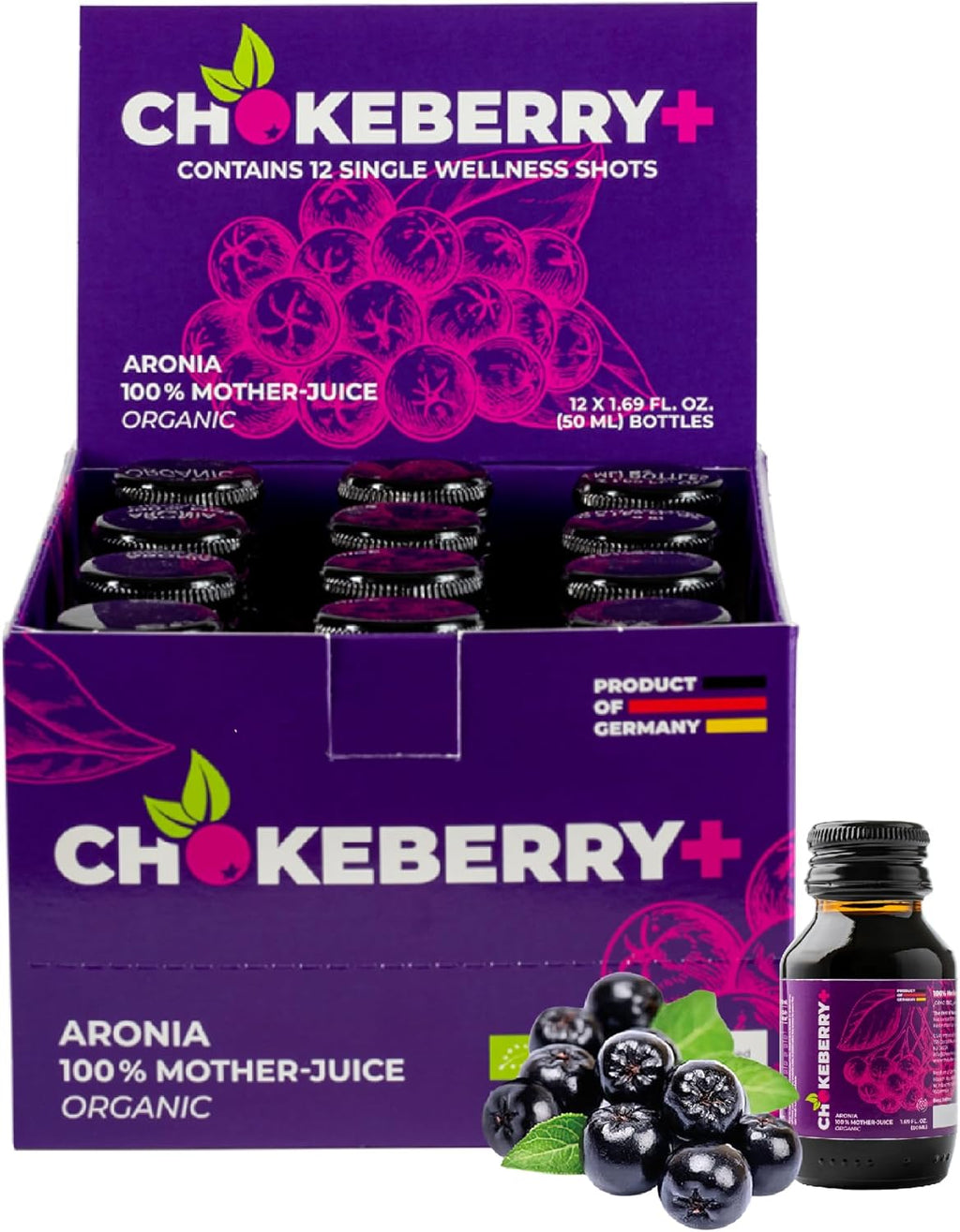 Chokeberry + Raw Aronia Juice - Rich in Antioxidant & 100% Organic Aronia Berry Juice Concentrate - Vegan, Gluten-Free, & No Sugar Added - First-Press Mother Juice - 12 x 50ml Shots