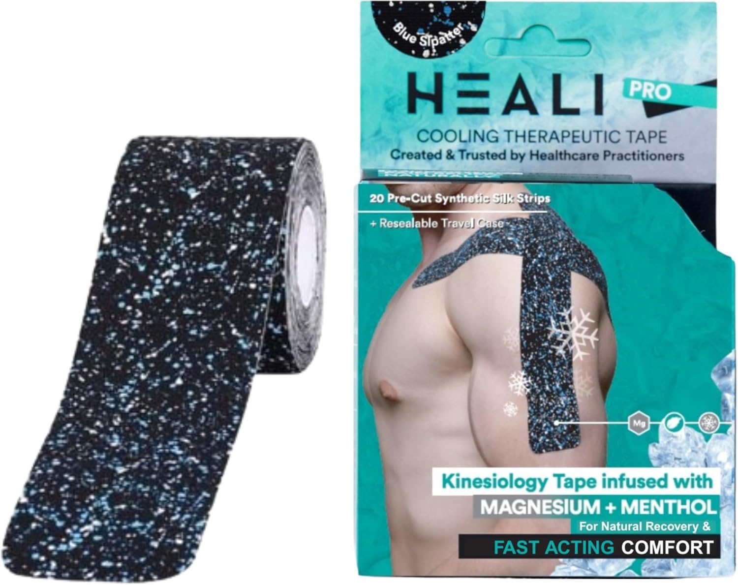 Heali Kinesiology Tape with Magnesium and Menthol, 20 Pcs Precut Strips, K Tape Roll, Knees, for Physical Therapy, Sports, Muscles and Joints, Water Resistant, Blue Splatter