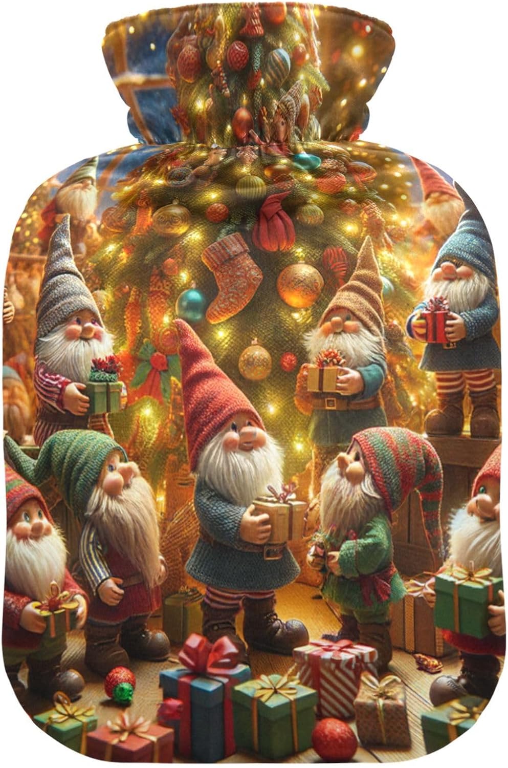 Gnomes Gathering Christmas Tree Hot Water Bottles with Soft Cover Hand Feet Warmer Hot Water Bag for Foot Bed Warmer Pain Relief, 1 Liters