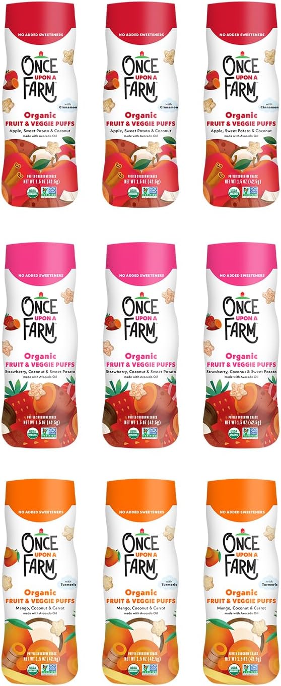 Once Upon a Farm Organic Fruit & Veggie Puffs Variety Pack, Apple Sweet Potato, Strawberry Sweet Potato, Mango Carrot, Coconut In All, Non-GMO, Puffed Sorghum Fruit & Veggie Snacks, 1.5oz