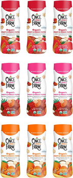 Once Upon a Farm Organic Fruit & Veggie Puffs Variety Pack, Apple Sweet Potato, Strawberry Sweet Potato, Mango Carrot, Coconut In All, Non-GMO, Puffed Sorghum Fruit & Veggie Snacks, 1.5oz