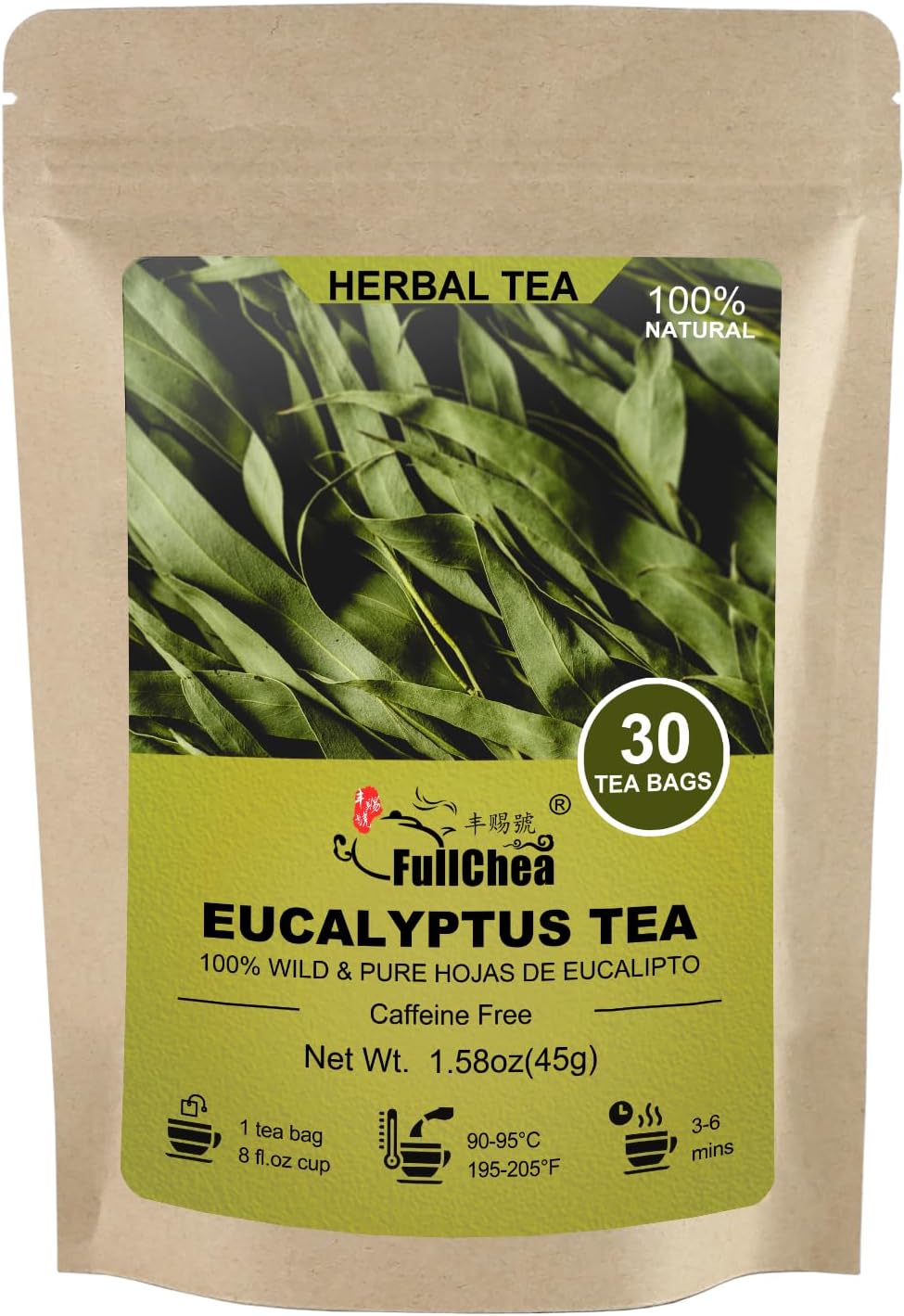 FullChea - Natural Eucalyptus Tea Bag 30 Teabags, 1.5g/bag - Premium Hojas de Eucalipto - Non-GMO - Caffeine-free - Boost Respiratory Health