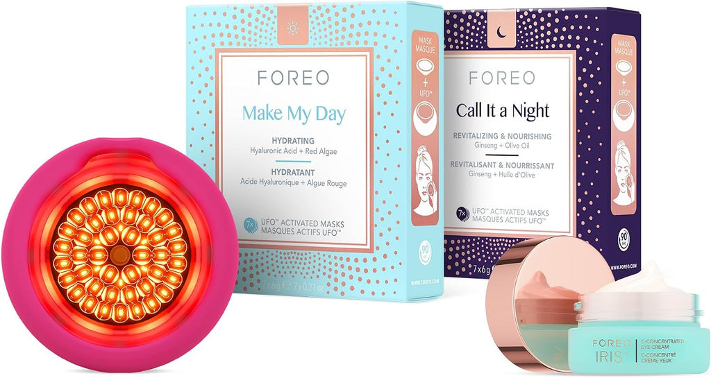 FOREO Hydrate & Brighten UFO 3 LED Set - Face Mask Skincare Device + 14 UFO Activated Masks + IRIS C-Concentrated Brightening Eye Cream, 0.5 Oz - Face Moisturiser