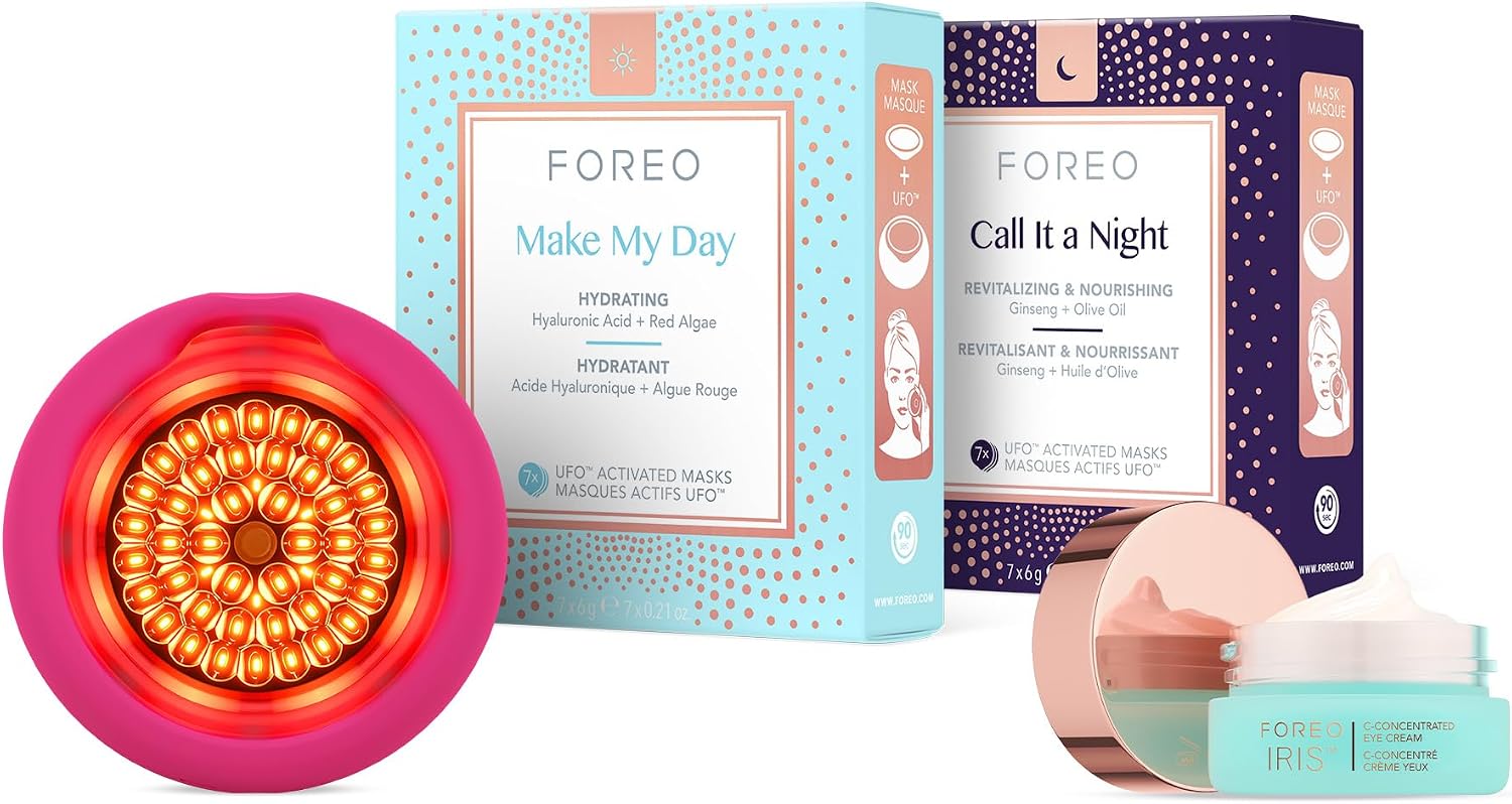 FOREO Hydrate & Brighten UFO 3 LED Set - Face Mask Skincare Device + 14 UFO Activated Masks + IRIS C-Concentrated Brightening Eye Cream, 0.5 Oz - Face Moisturiser
