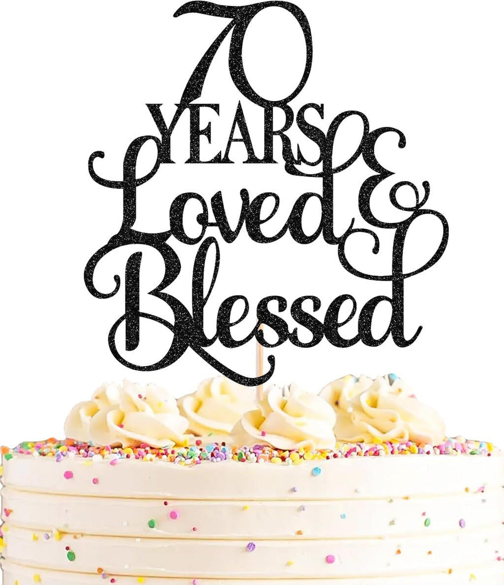 70 Years Loved Cake Topper - Black Glitter 70th Birthday Cake Decorating Supplies, Perfect for 70th Anniversary or Birthday Photo Booth Props