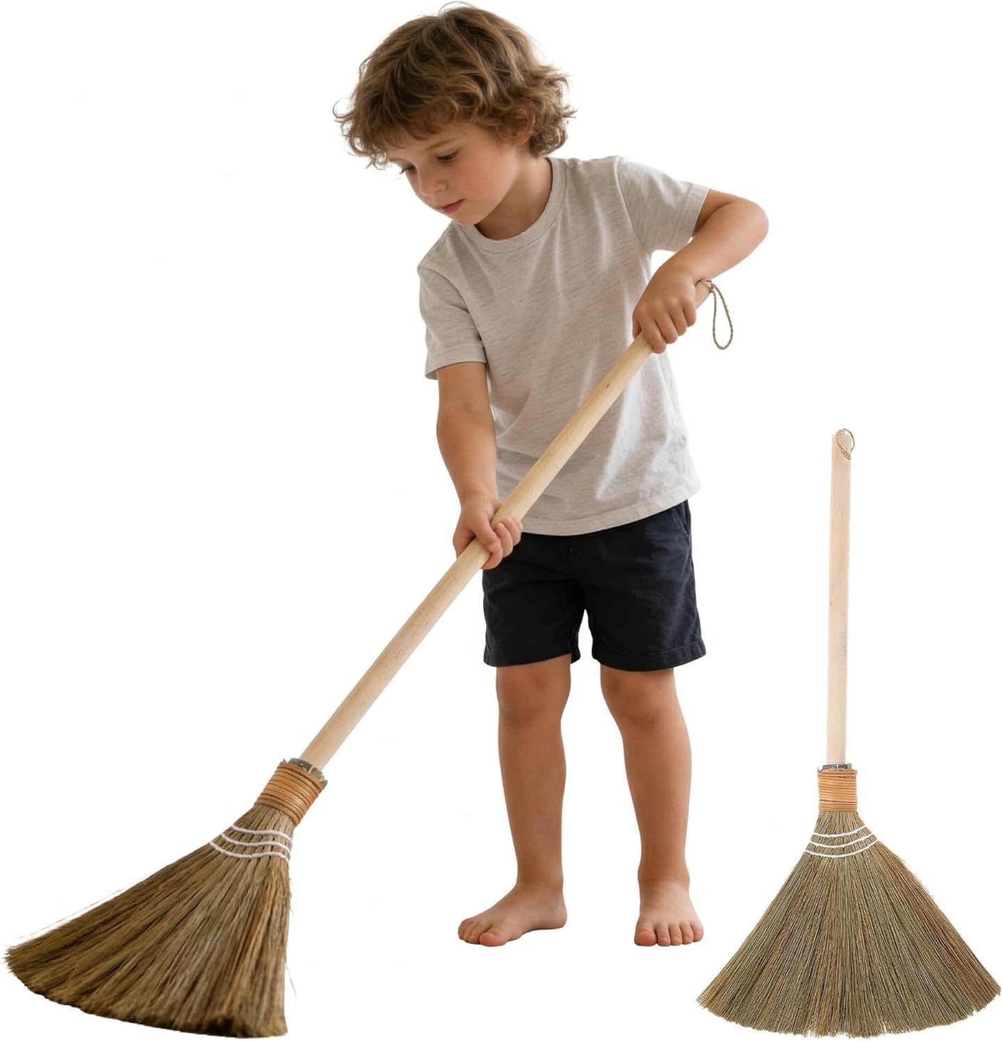 Healeved Handmade Asian Broom for Indoor Sweeping, 26" Short Handle Traditional Vietnamese Miscanthus Straw Broom with Hanging Cord, Soft Bristle Floor Sweeper for Hardwood, Tile and Dust Cleaning