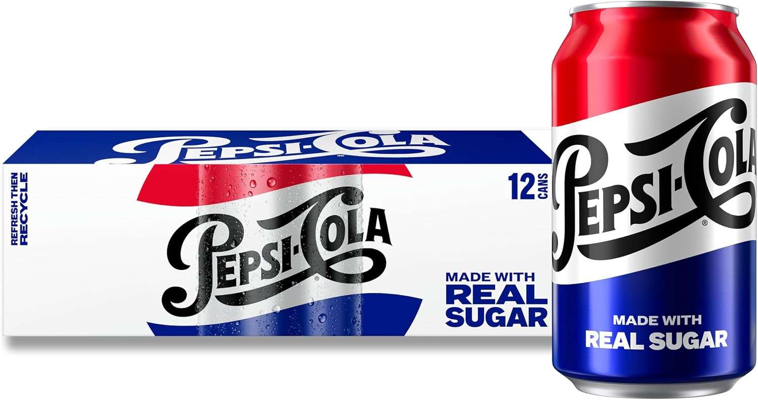 Pepsi Real Sugar Soda, 12 Fl oz Cans, (12 Pack), Cola, Soda Pop (Packaging May Vary)