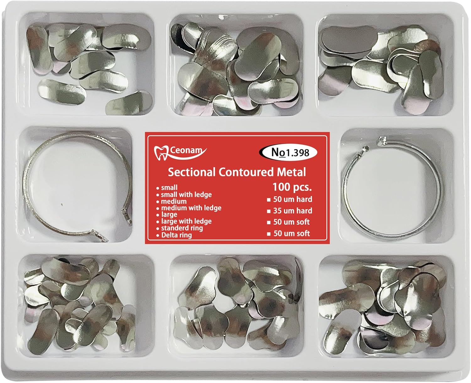 100 Pieces Stainless Steel Sectional Contoured Metal Dental Matrices Kit with Ledges, 0.035mm Thickness, Assorted Sizes Soft Metal Bands for Molar and Premolar Restorations - Dental Matrix System Kit
