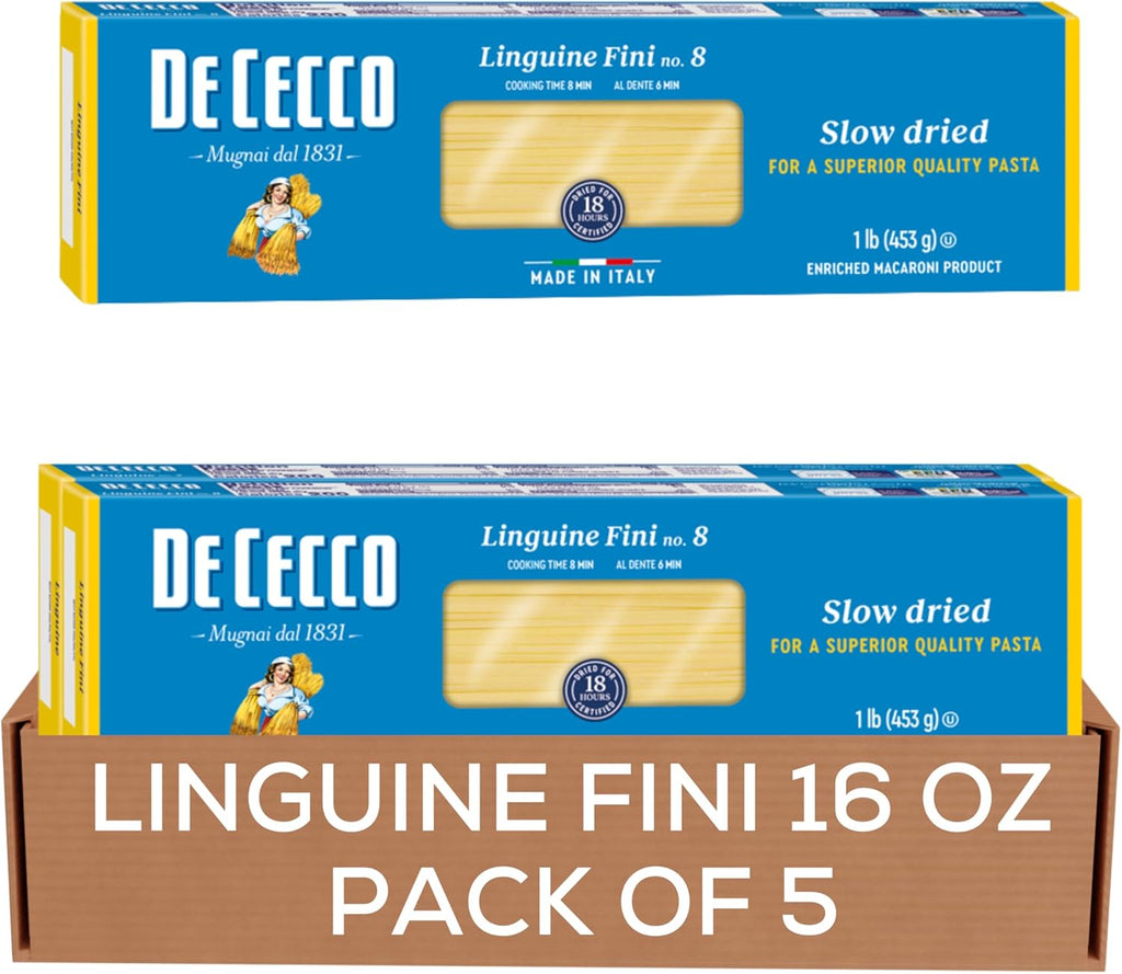 De Cecco Linguine Fini No. 8 Pasta, 16 Oz (Pack of 5), Authentic, Slow Dried, Made with Durum Wheat, Versatile Pasta for Sauces & Recipes, Made in Italy